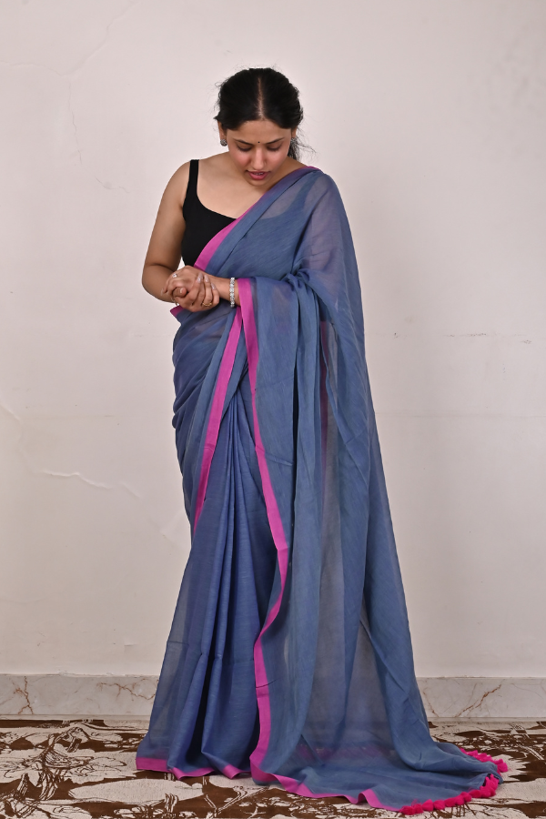 Pigeon blue - Pink Pure Cotton Saree