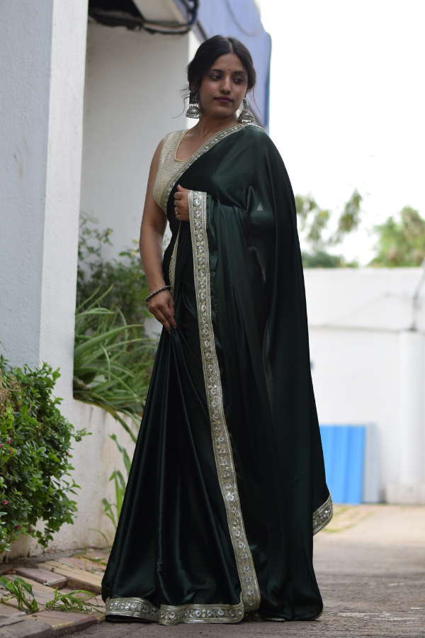 satin saree design | satin saree blouse | green satin saree 