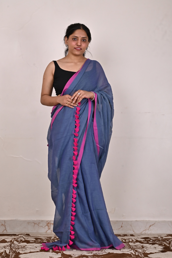 Pigeon blue - Pink Pure Cotton Saree