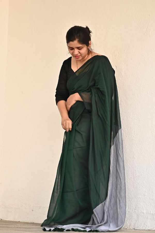 Bottle Green Pure Cotton Saree