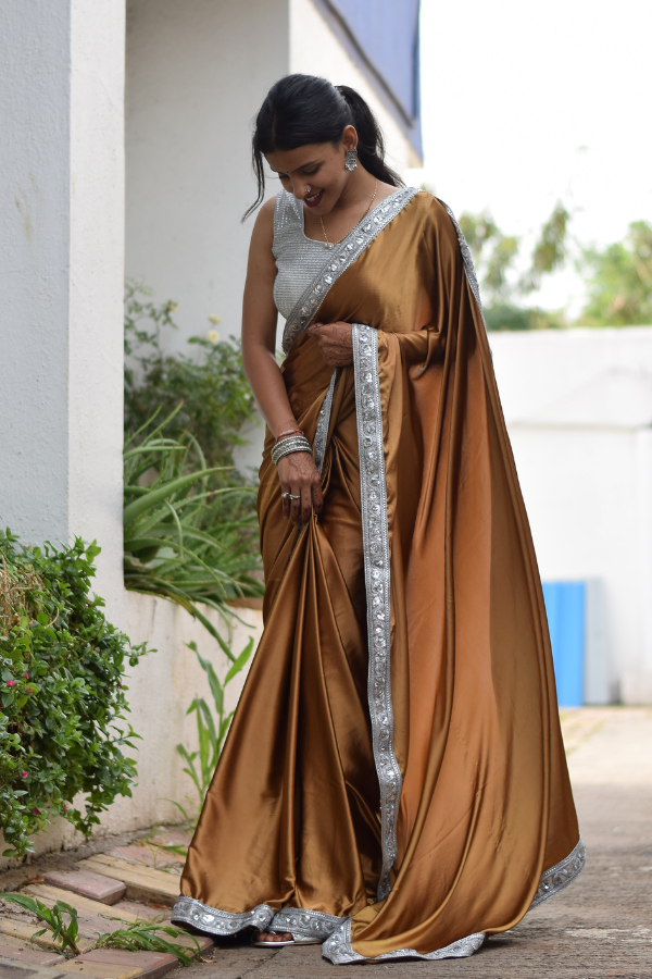 brown saree | satin saree party wear | satin saree design