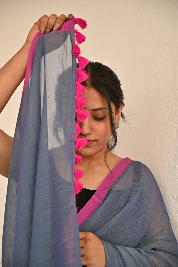 Pigeon blue - Pink Pure Cotton Saree