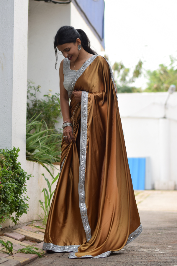 brown satin saree look | satin saree with blouse | satin sarees 