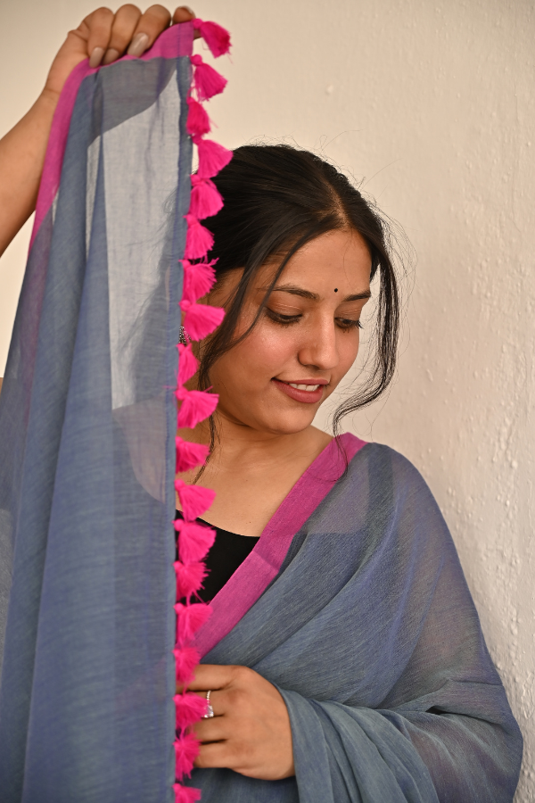 Pigeon blue - Pink Pure Cotton Saree