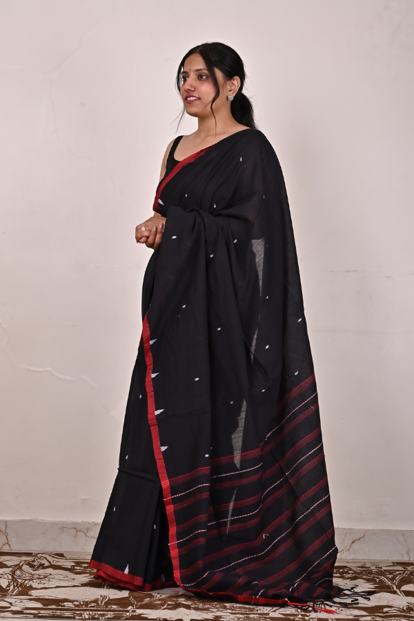 Midnight black Handwoven cotton jamdani saree