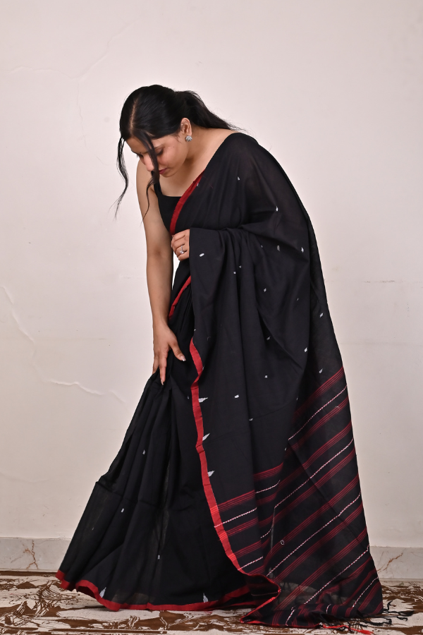 Midnight black Handwoven cotton jamdani saree