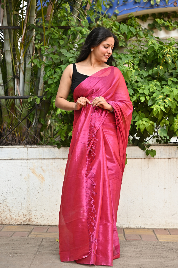 Hot Pink Pure Handwoven Tissue Saree