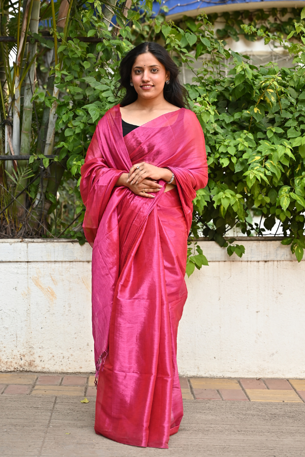 Hot Pink Pure Handwoven Tissue Saree