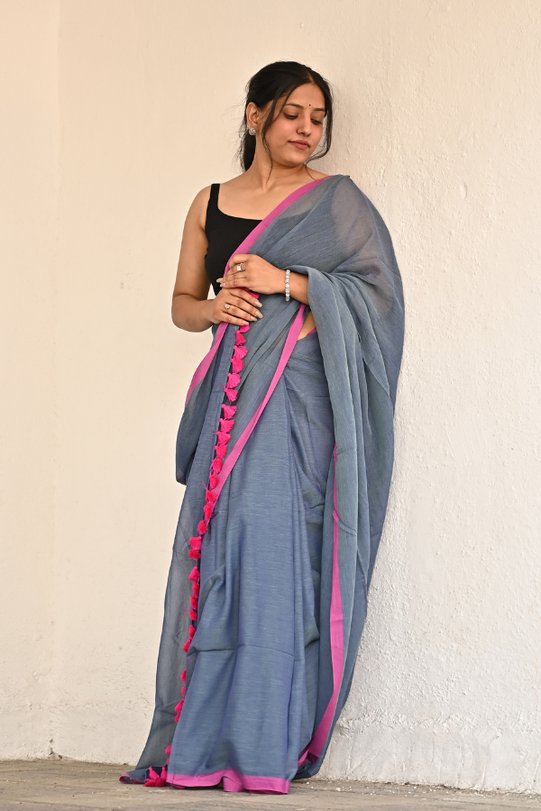 Pigeon blue - Pink Pure Cotton Saree