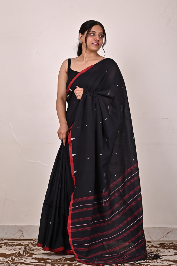 Midnight black Handwoven cotton jamdani saree