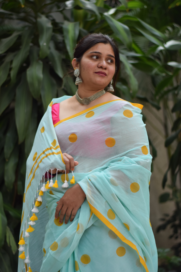 Pastel Green Handblock Printed Pure Cotton Saree