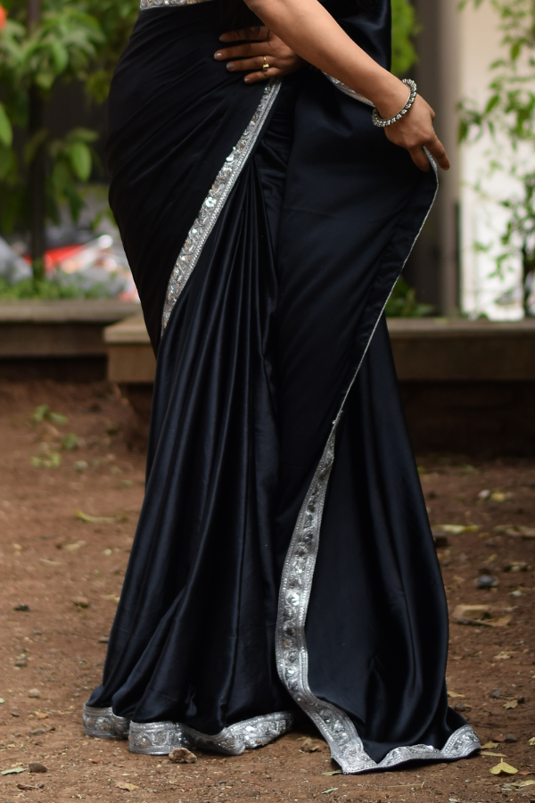 black saree | satin saree party wear | satin saree design