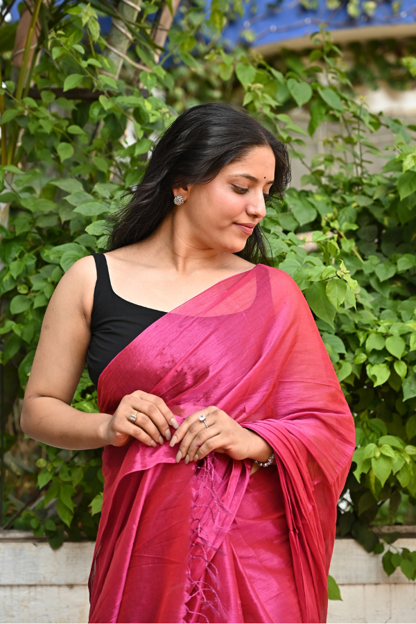 Hot Pink Pure Handwoven Tissue Saree