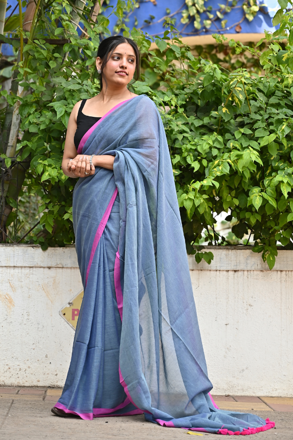 Pigeon blue - Pink Pure Cotton Saree