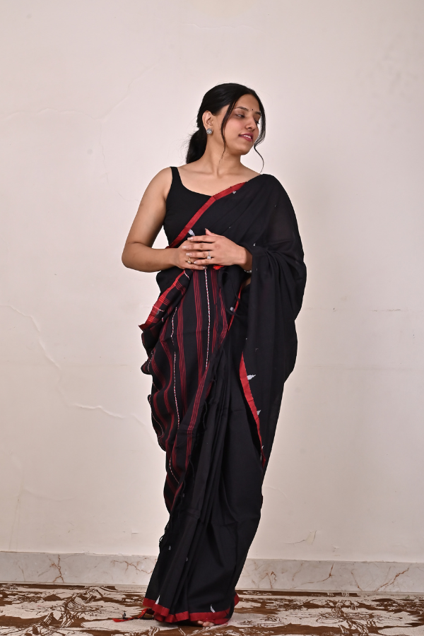 Midnight black Handwoven cotton jamdani saree