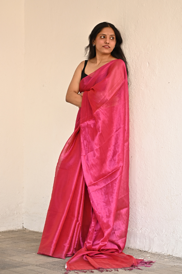 Hot Pink Pure Handwoven Tissue Saree