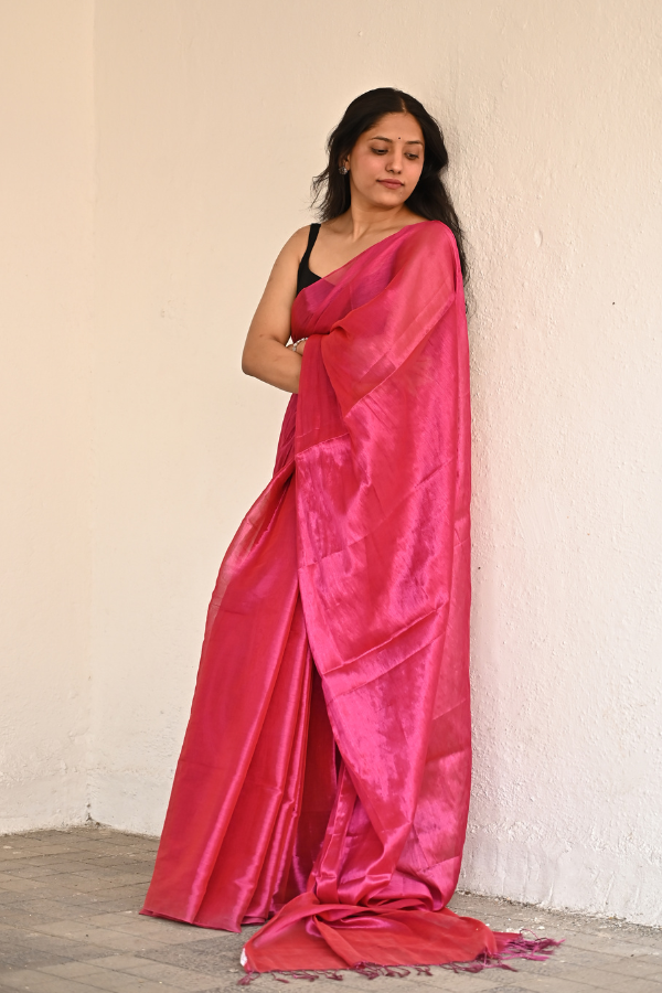 tissue saree I pink tissue saree I cotton tissue saree