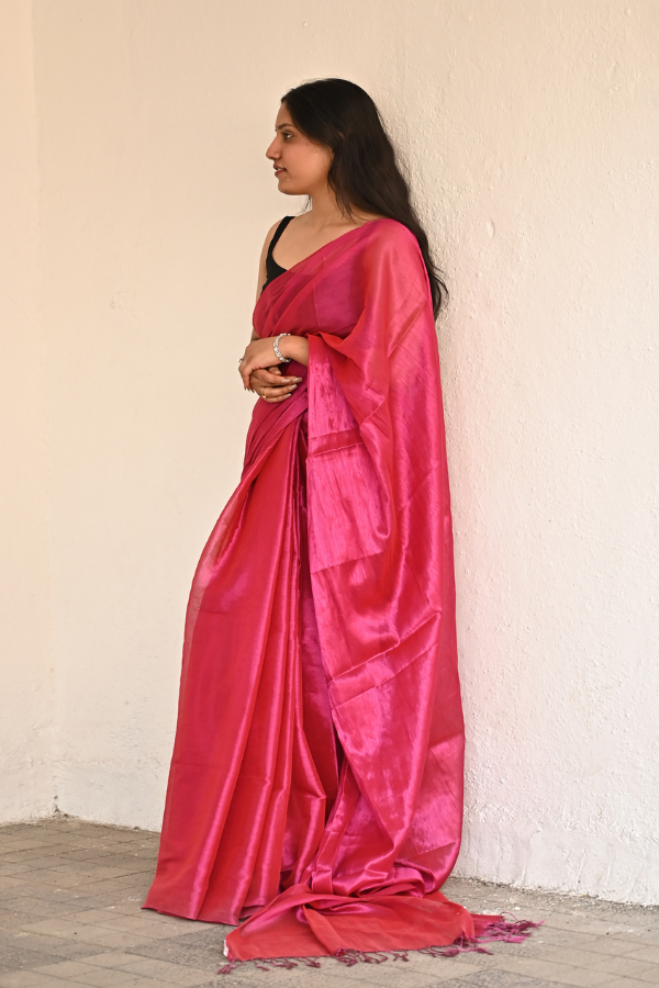 Hot Pink Pure Handwoven Tissue Saree