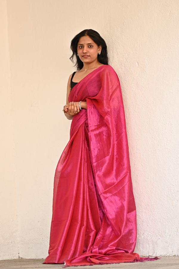 Hot Pink Pure Handwoven Tissue Saree