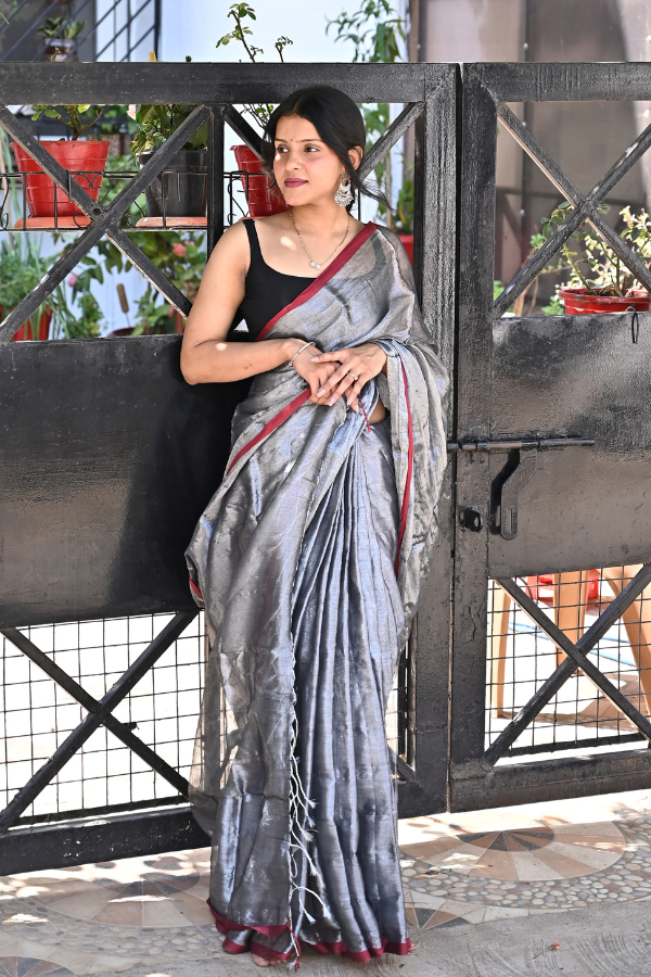 Flint Grey Pure Handwoven Tissue Saree