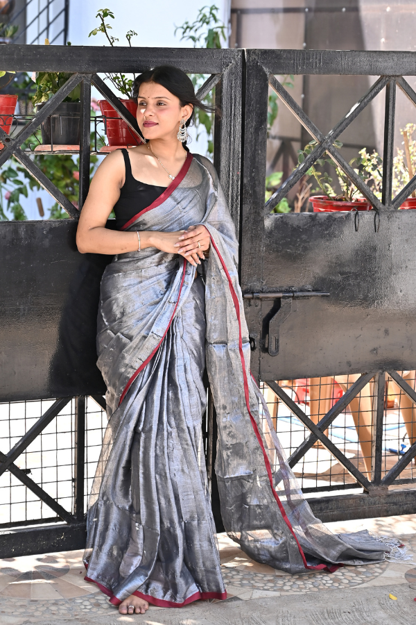 Flint Grey Pure Handwoven Tissue Saree