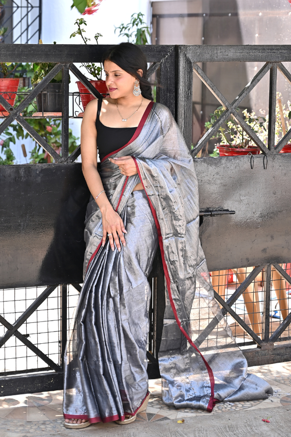 Flint Grey Pure Handwoven Tissue Saree