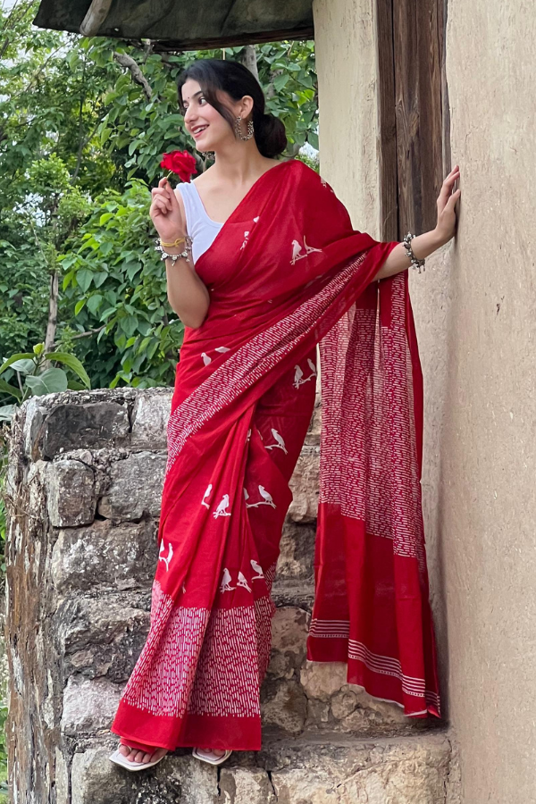 Red Bird Pure MulMul Cotton Saree