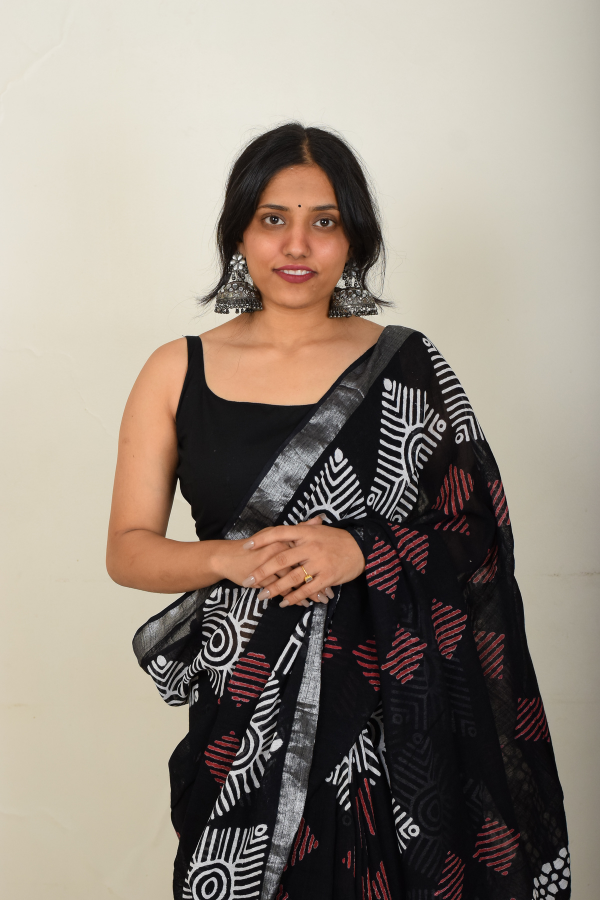 blockprinted linen saree | sarees online | zari saree