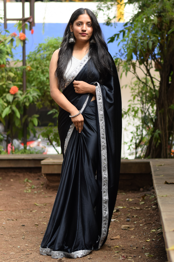 satin saree design | satin saree blouse | black satin saree 