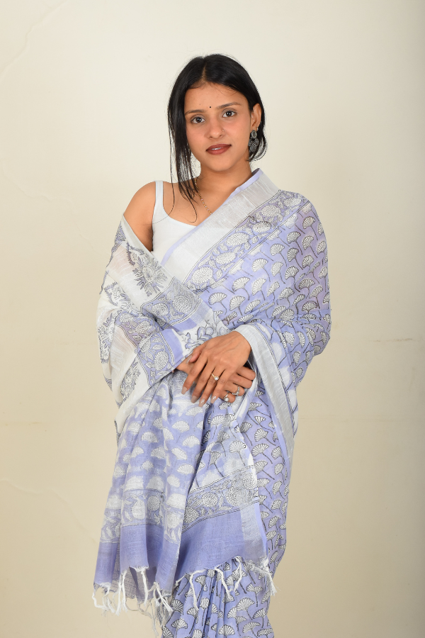 linen zari saree | linen saree designs | blockprinted linen saree online 