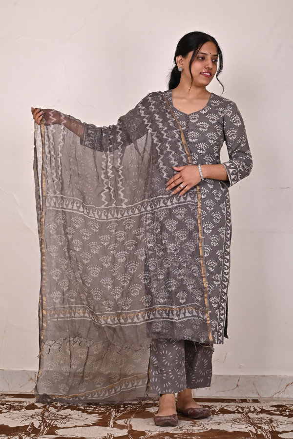 Mud Brown Hand-Block Printed Cotton Kurta Set - Pack Of 3