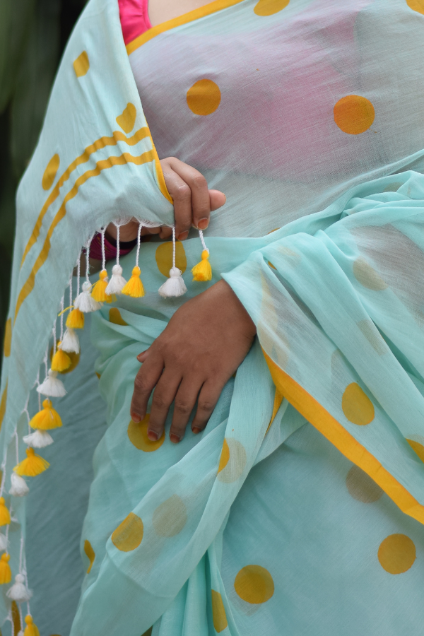 Pastel Green Handblock Printed Pure Cotton Saree