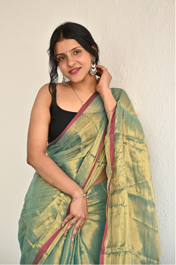 Golden Green Pure Handwoven Tissue Saree