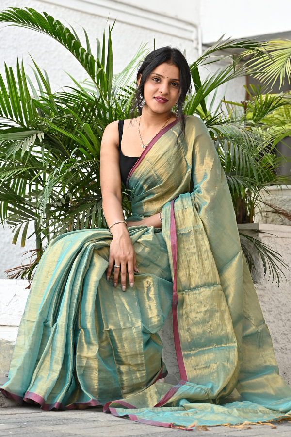 Golden Green Pure Handwoven Tissue Saree