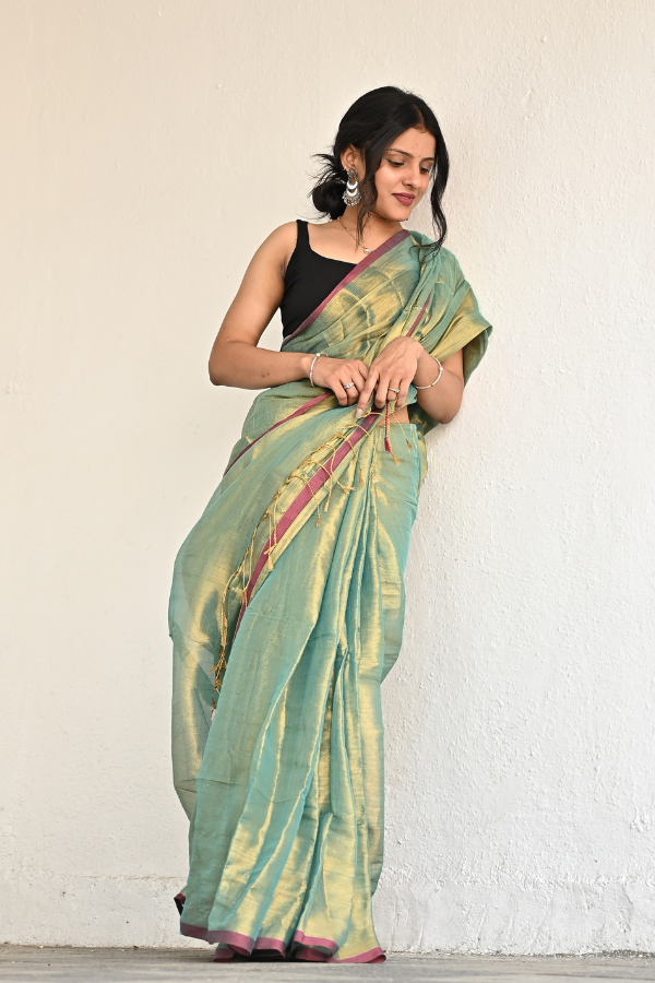 Golden Green Pure Handwoven Tissue Saree