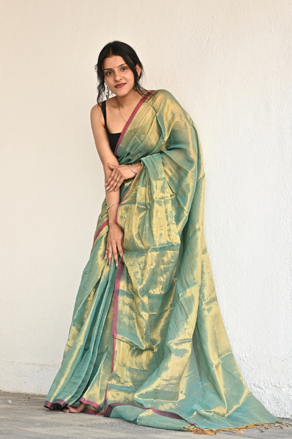 Golden Green Pure Handwoven Tissue Saree