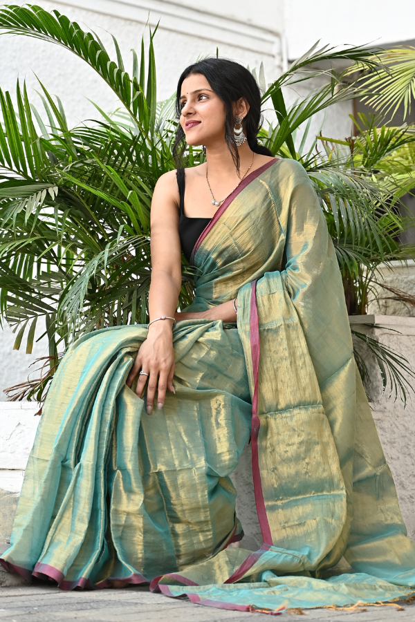 Golden Green Pure Handwoven Tissue Saree