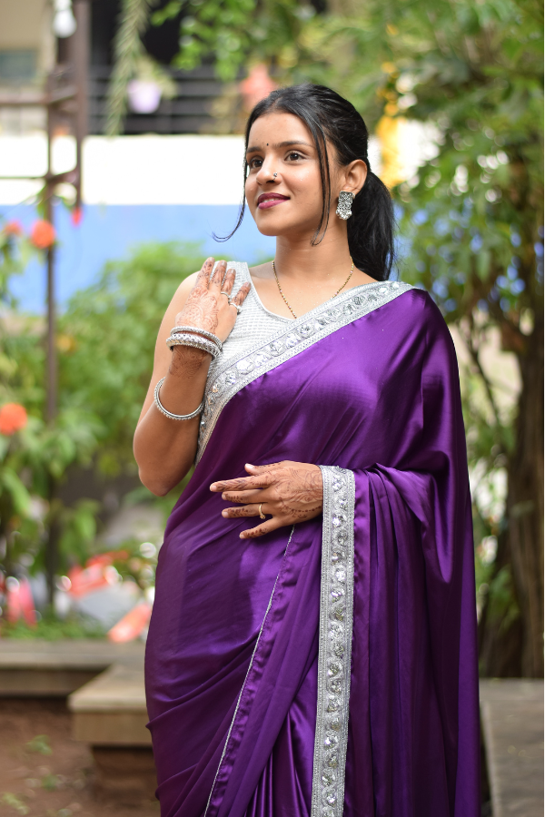 purple saree | satin saree party wear | satin saree design