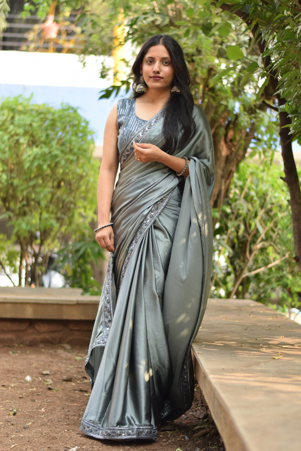 satin saree with border | satin embroidery saree | satin saree online 