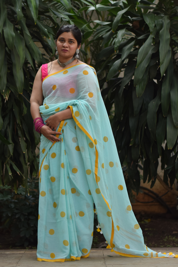 Pastel Green Handblock Printed Pure Cotton Saree