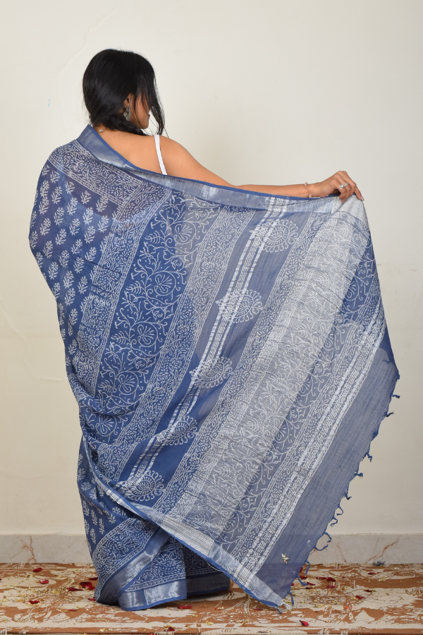 linen zari saree | linen saree designs | blockprinted linen saree online 