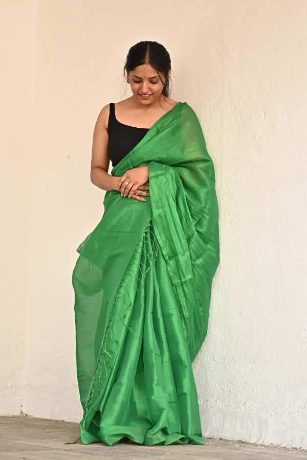 Dark Green Pure Handwoven Tissue Saree