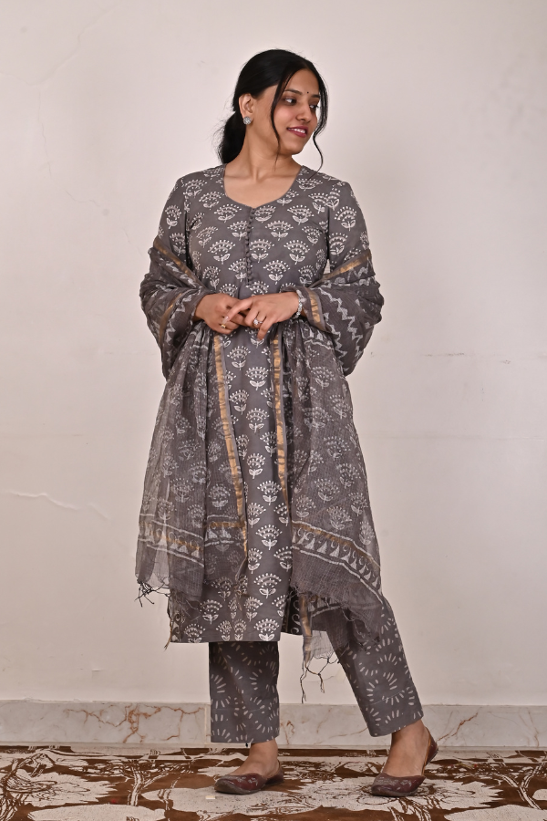 Mud Brown Hand-Block Printed Cotton Kurta Set - Pack Of 3