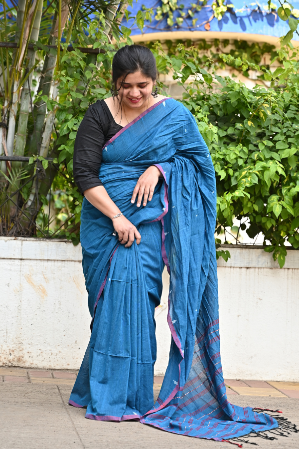 Blue ink Handwoven cotton jamdani saree