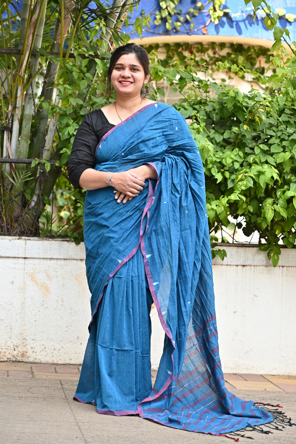 Blue ink Handwoven cotton jamdani saree