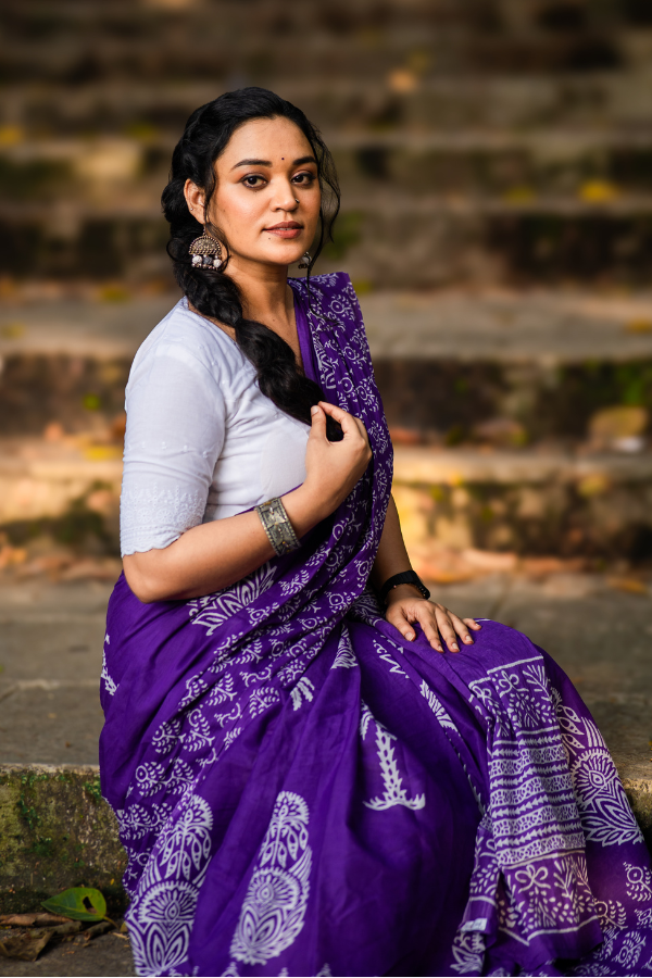 Eggplant Purple Pure MulMul Cotton Saree