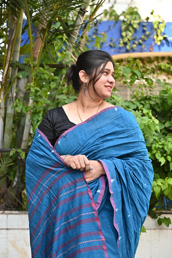 Blue ink Handwoven cotton jamdani saree