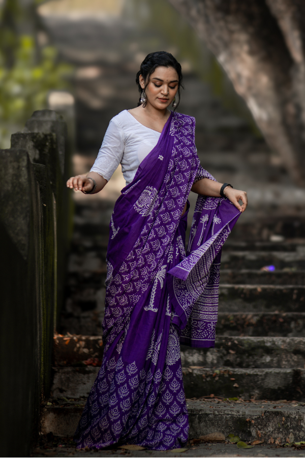 Eggplant Purple Pure MulMul Cotton Saree