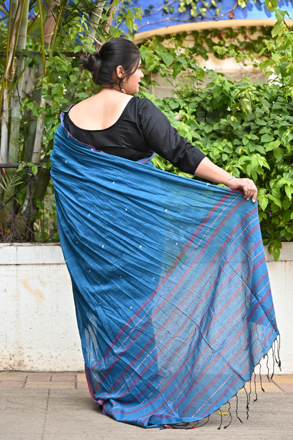 Blue ink Handwoven cotton jamdani saree