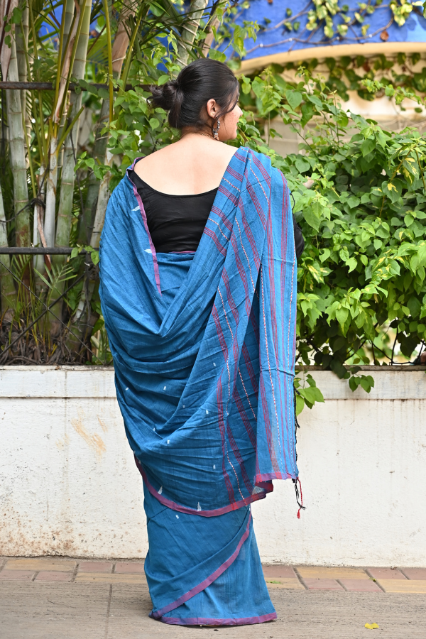 Blue ink Handwoven cotton jamdani saree